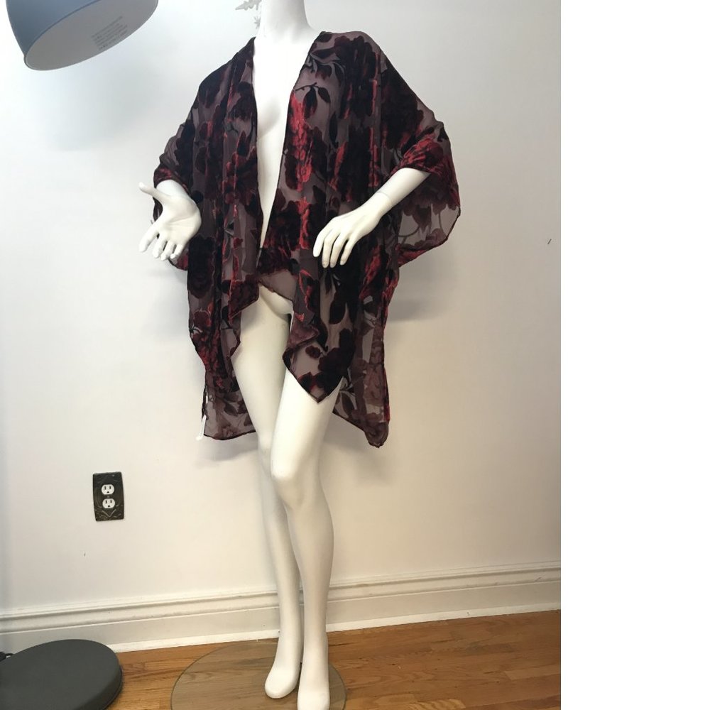 Le Chateau Sheer Black Red Mesh Tullie Velvet Velour Cover-Up Scarf Wedding NWT - Picture 4 of 6